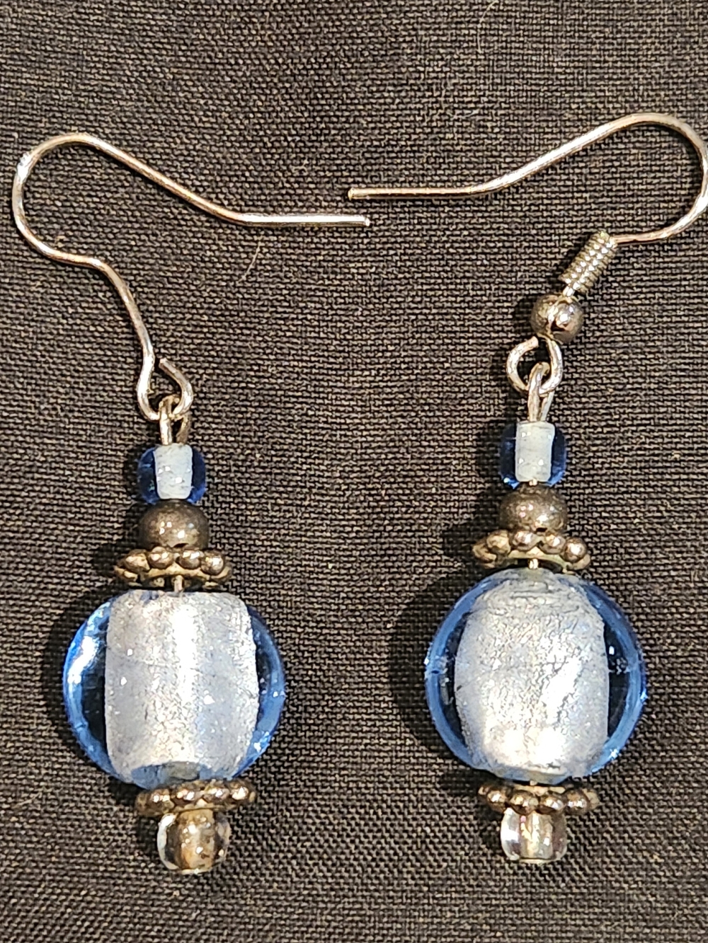 Handcrafted Drop Dangle Earrings Blue White Glass Beads Silvertone Accents